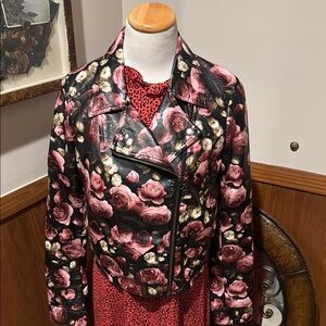 Elle Black and Pink Leather Jacket Bold Floral Design